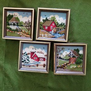 4 small needlepoint wall hangings